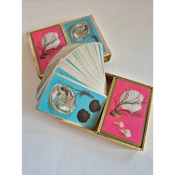 Vintage Playing Cards Set of 2 Beach Nautical Theme Blue Pink In Case Complete - Picture 4 of 6